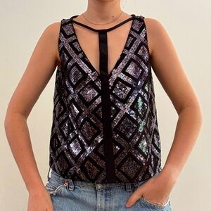 BCBGMaxAzria Black and Silver NYDIA SILK Geometric Sequin Tank Top - XS